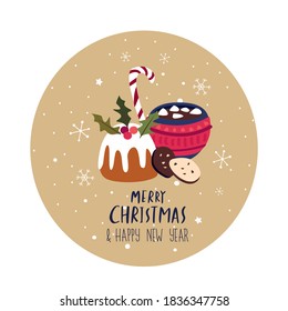 Christmas,Happy New Year Greeting Card.Cute Christmas Sweets,Cake,Cocoa with Marshmallows.Fesive Atmosphere.Picture for Cafe,Bakery Menu.Winter Holiday.Congratulatory Greeting Card.Vector illustration