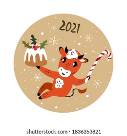 Christmas,Happy New Year Greeting Card.Cute Cartoon Bull with Biscuit Cake Stollen and Sweet Candy Cane.Cow 2021 Symbol.Holiday Winter Atmosphere.Festive Design.Calendar,Cards,Advertising Illustration