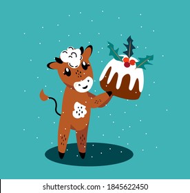 Christmas,Happy New Year Greeting Card.Cute Cartoon Bull with Sweet Biscuit Cake Stollen.Cow 2021 Chinese Symbol.Holiday Winter Atmosphere. Festive Design for Calendar, Cards, Advertising Illustration