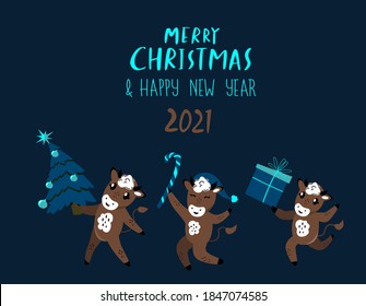 Christmas,Happy New Year Greeting Card.Cute Cartoon Bulls.Dancing Jumping Celebrating Cow Cattle.Chinese 2021 Symbol.Funny Cute Holiday Animal.Holiday Winter Atmosphere.Advertising Vector illustration