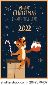 Christmas,Happy New Year Greeting Card.Cute Cartoon Tiger Sitting on the Box of Gift Present,Biscuit Cake Stollen,Sweet Candy Cane.Cat 2022 Symbol.Holiday Winter Atmosphere.Calendar,Cards, Advertising