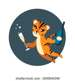 Christmas,Happy New Year Greeting Card.Cute Cartoon Tiger with with Glass of Sparkling Champagne,Congratulate,Winter Holidays.Cat Chinese 2022 Symbol.Winter Atmosphere.Calendar,Card Illustration
