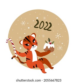 Christmas,Happy New Year Greeting Card.Cute Cartoon Tiger Sitting on the Box of Gift Present,Biscuit Cake Stollen,Sweet Candy Cane.Cat 2022 Symbol.Holiday Winter Atmosphere.Calendar,Cards, Advertising