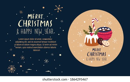 Christmas,Happy New Year Greeting Cards Set.Christmas Sweets,Cake,Cocoa with Marshmallows.Fesive Atmosphere.Picture for Cafe,Bakery Menu.Winter Holiday.Congratulatory Greeting Card.Vector illustration