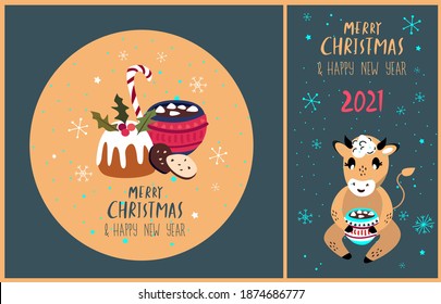 Christmas,Happy New Year Greeting Cards Set.Invitation Picure Winter Holiday.Cute Cartoon Bull Drinking Hot Chocolate,Cocoa,Marshmallow.Cow 2021 Symbol.Holiday Cafe,Bakery Menu Atmosphere.Illustration