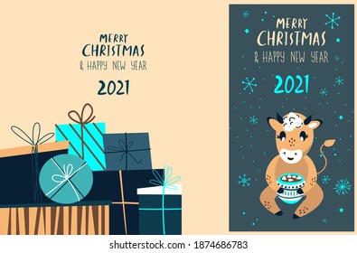 Christmas,Happy New Year Greeting Cards Set.Invitation Picure,Festive Present Boxes,Gifts.Cute Cartoon Bull Drink Hot Chocolate,Cocoa,Marshmallows. Cow 2021 Symbol.Holiday Winter Calendar Illustration