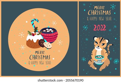 Christmas,Happy New Year Greeting Cards Set.Invitation Picure Winter Holiday.Cute Cartoon Tiger Drinking Hot Chocolate,Cocoa.Tiger 2022 China Symbol.Holiday Cafe,Bakery Menu Atmosphere.Illustration