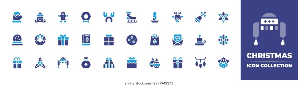  Christmasicon collection. Duotone color. Vector and transparent illustration. Containing wreath, bell, book, candle, santa claus, christmas lights, woman, christmas wreath, gift, mistletoe, bauble.
