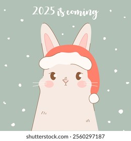 Christmas,New Year card with cute rabbit portrait in Santa's hat.2025 is coming.Holiday concept.Drawing baby rabbit with snowflakes and red hat for poster,card or background.Vector illustration EPS 10