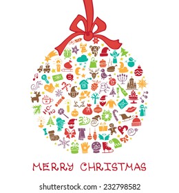 Christmas,New year colored greeting card.Many different decorative elements for winter holidays  in ball  shape.Flat style.Circle composition.Doodle sketch in  style of  child's hand drawing. Vector