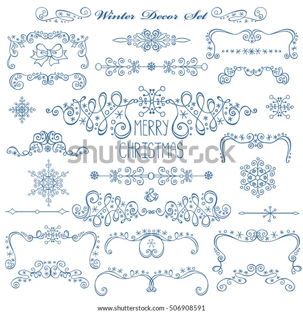 Christmas,New year decor elements set .Vintage\
wextor frames,borders.Doodles snowflakes,swirls.For design\
templates,invitations,wedding,Valentines\
day,holidays,menu,birthday.Winter\
decoration