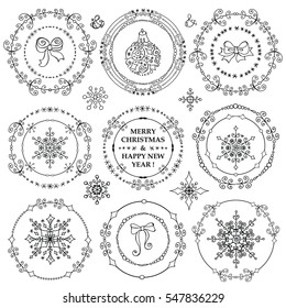 Christmas,New year decor elements set.Vintage Winter vector.Circle frame wreaths.Doodles snowflakes,bows.Design templates,invitations,wedding,Valentines day,holidays,menu,birthday