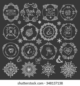 Christmas,New year decoration elements set.Circle frames wreaths.Doodles snowflakes,wishes.For winter templates,invitations,wedding,Valentines day,holidays,menu,birthday.Vintage Vector