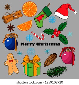  Christmas/New Year design elements set. Hand drawn holiday attributes: santa hat, candy, mistletoe, christmas sock, oranges, pine cone, gift, christmas ball, gingerbread. Vector elements isolated. 
