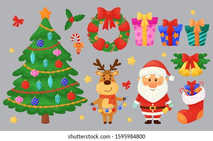 Christmas/New Year design elements set with holiday attributes: cute deer, Santa Claus, Christmas tree, gift boxes, Christmas stocking, candy, mistletoe,Christmas bells, Christmas wreath. 