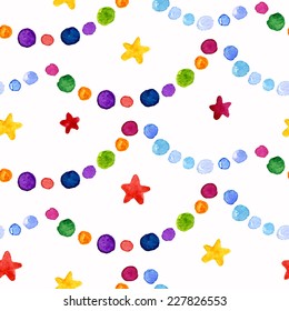 Christmas-New Year garland and star seamless pattern. Watercolor hand drawn picture. Vector illustration.