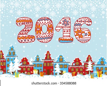 Christmas,New year greeting card.2016 Year Knitted figures and Cartoon city landscape.Winter background with fabulous house in  Dutch style,falling snow. Vector  Illustration 