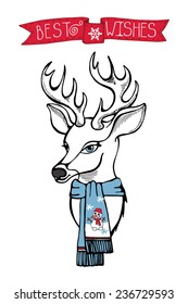 Christmas,New year greeting card,banner.Vintage Reindeer with knitted scarf,stroll banner. Retro vector,hipster fashion