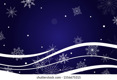 Christmas/New Year horizontal banner. White snowflakes ans waves on deep blue background. Isolated.