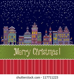 Christmas/New Year illustration with the night houses and festive ribbon. Vector background for your design of greeting cards, invitations, congratulations