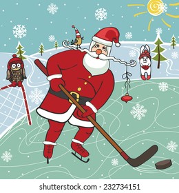 Christmas,New year Illustration,card. Santa Claus playing ice hockey. Near hare and owl,forest landscape.Trendy flat design,simple image.Winter sport.Vector humorous Illustration.
