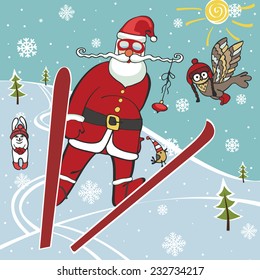 Christmas,New year Illustration,card. Santa Claus jumping from springboard.Near hare and owl,forest landscape.Trendy flat design,simple image.Winter sport.Vector humorous Illustration.
