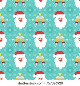 Christmas/New year pattern background. Santa Claus and glasses of champagne.Vector illustration.