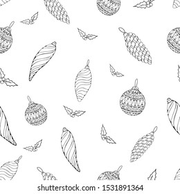 Christmas/New Year seamless pattern from decorated balls and branches with leaves and berries on white background. Hand drawing illustration.