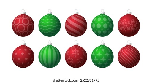 Christmass ball set, vector illustration of a green and red xmas balls with different patterns on a plain backgrounds.