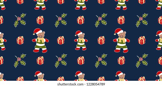 Christmass bear with hat, gift flower seamless pattern