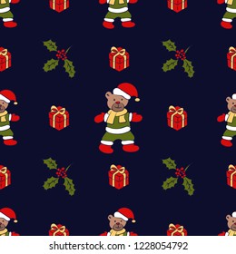 Christmass bear with hat, gift flower seamless pattern