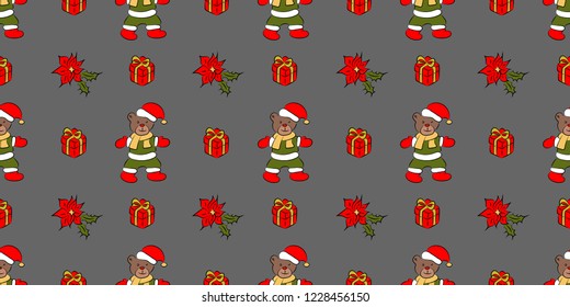 Christmass bear with hat, gift flower seamless pattern