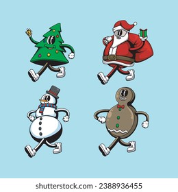 christmass cartoon character set, santa claus, snowman, gingerbread cookies, christmas tree