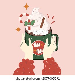 Weihnachtskaffee. Vektorbild. Warmes Getränk. Tasse Kaffee. Feiertagsgetränk.