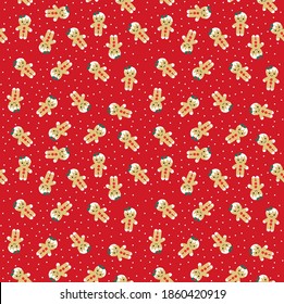 Christmass cookies seamless vector pattern. Gingerbread man on red backgraund