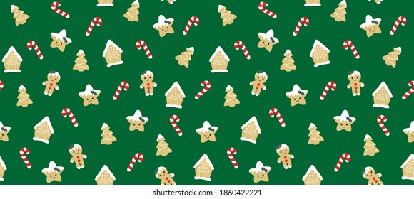 Christmass cookies seamless vector pattern. Gingerbread on green backgraund. Wrapping paper