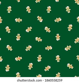 Christmass cookies seamless vector pattern. Gingerbread man on green backgraund