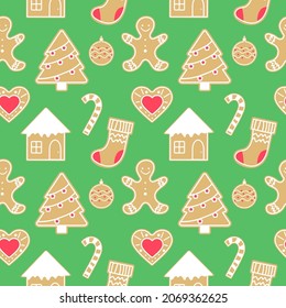 Christmass cookies seamless vector pattern. Gingerbread on green backgraund. Wrapping paper illustration EPS