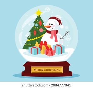 Christmass glass ball. Gift for New Years, winter holidays, family vacations. Graphic elements for website, beautiful present, benevolent snowman with boxes. Cartoon flat vector illustration