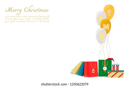  Christmas's greeting with balloons and wrapped gift boxes and bags. Flat style design vector illustration on transparent background.