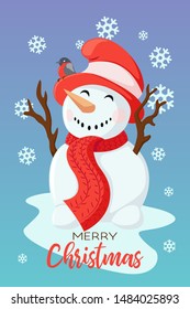 Christmass Greeting card. Creative flat hand drawn card with cute Snowman. Card for winter holidays. Vector cartoon illustration