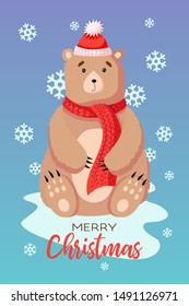 Christmass Greeting card. Creative flat hand drawn card with cute Bear. Card for winter holidays. Vector cartoon illustration