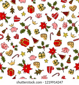 Christmass patch logo, gift, pig, cookies seamless pattern