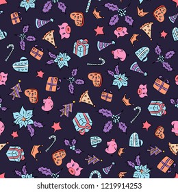 Christmass patch logo, gift, pig, cookies seamless pattern