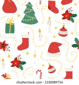 Christmass pattern with Santa Hat, christmass tree and socks. Vector hand drawn seamless pattern