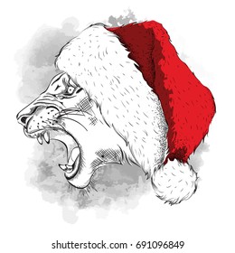 The christmass poster with the image lion portrait in hip-hop hat. Vector illustration.