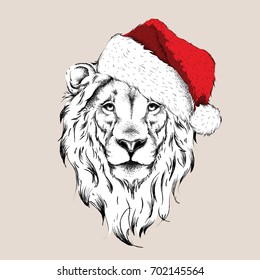 The christmass poster with the image lion portrait in hip-hop hat. Vector illustration.