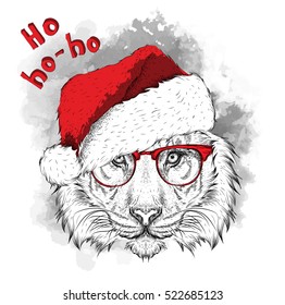 The christmass poster with thetiger portrait in hip-hop hat. Vector illustration.