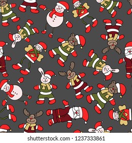 Christmass santa, bear and Angel in red hat, with mistletoe gift flower seamless pattern