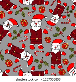 Christmass Santa Claus in red hat, with mistletoe gift flower seamless pattern